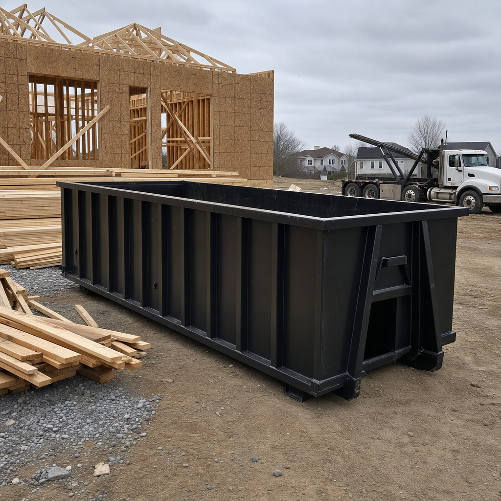 Matte-black 40-yard roll-off dumpster staged on a framed-out residential construction site in Palmdale, framing lumber stacked nearby, hooklift delivery truck visible in the background under bright Colorado daylight