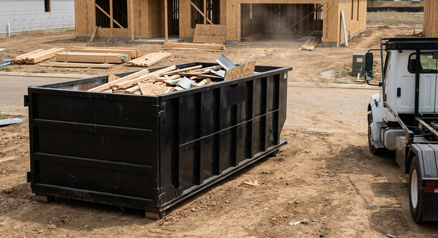 Matte-black 20-yard roll-off construction dumpster with heavy ribbed steel sidewalls and swing rear doors at a working jobsite in Palmdale, sitting directly on compacted dirt with an unmarked white hauler partially visible at the far edge of the frame.