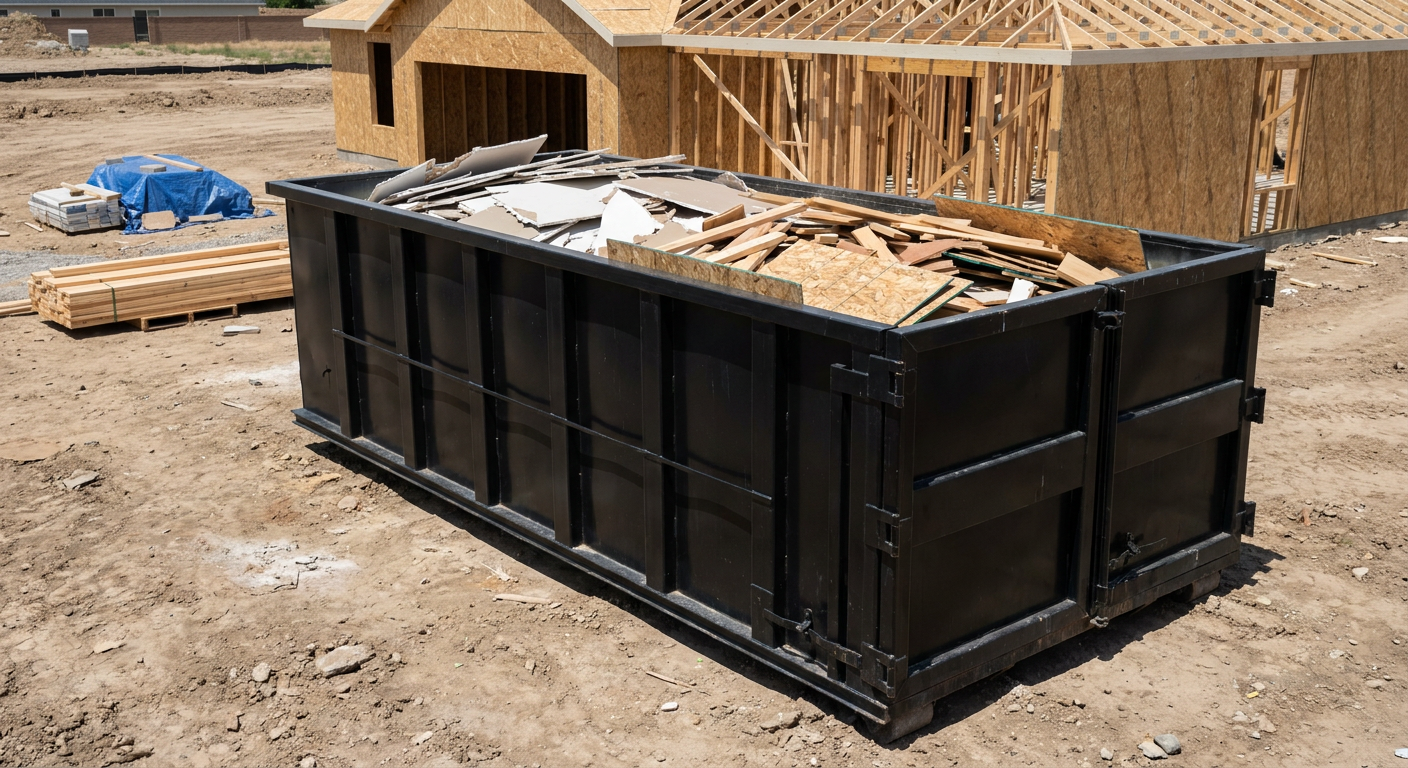Matte-black 30-yard roll-off construction dumpster sitting directly on the compacted-dirt site of a framed single-family home build in Palmdale, drywall and lumber scrap loaded inside.