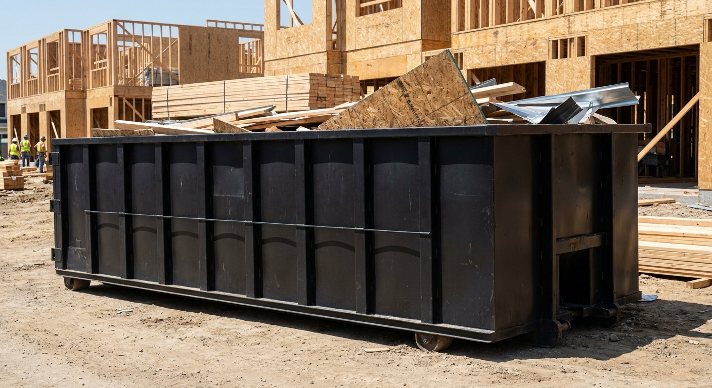 Matte-black 40-yard roll-off construction dumpster being lowered from a white-cab hooklift delivery truck onto the compacted-dirt jobsite at a commercial build site in Palmdale