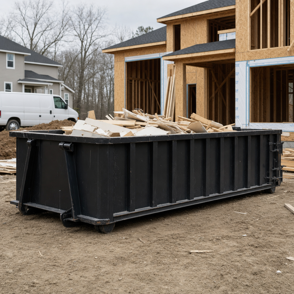 Worker in a yellow high-visibility vest tossing framing lumber and broken drywall into a matte-black 30-yard construction roll-off dumpster on an active build site in Palmdale, bright daylight