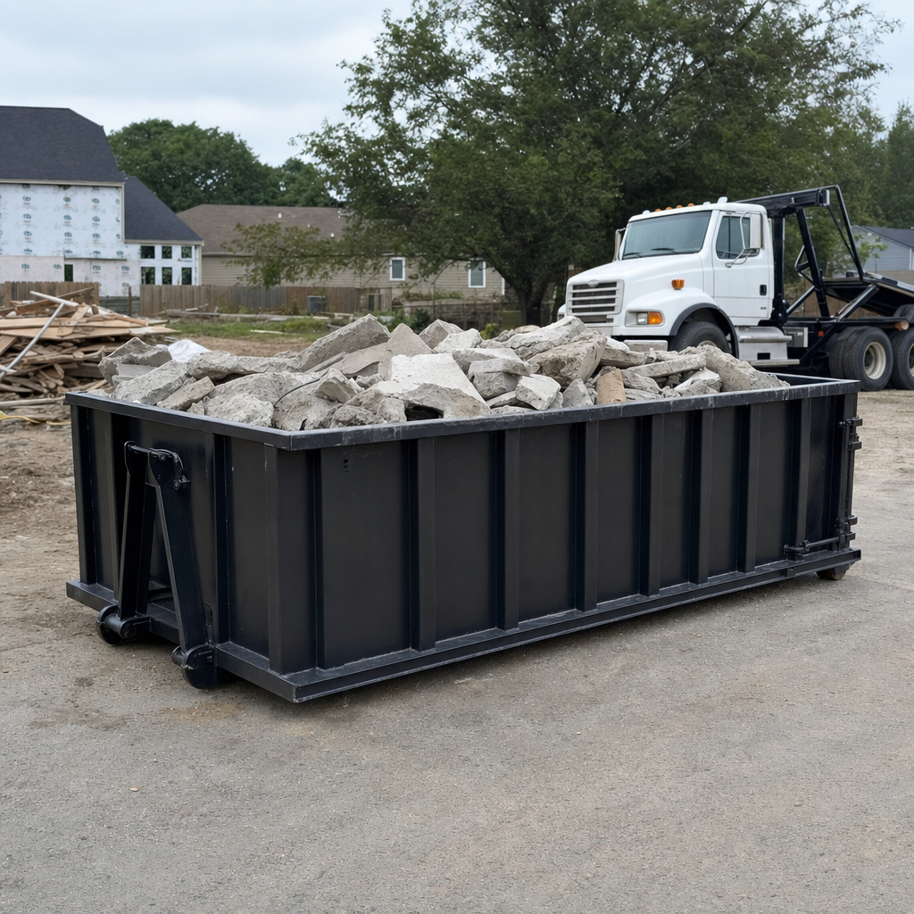 Low-profile matte-black lowboy roll-off dumpster loaded with broken concrete slab and rebar at a foundation tear-out in Palmdale, skid steer parked beside it, sunny Colorado morning
