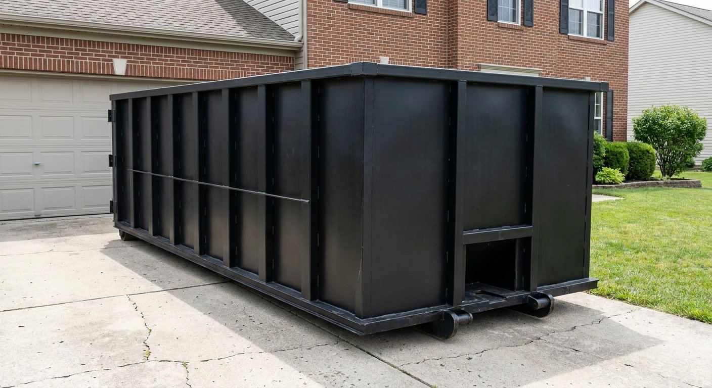 Matte-black 20-yard roll-off container on a Palmdale residential concrete driveway with reinforced ribbed steel sidewalls and a hinged rear walk-in door, clean bright daylight.