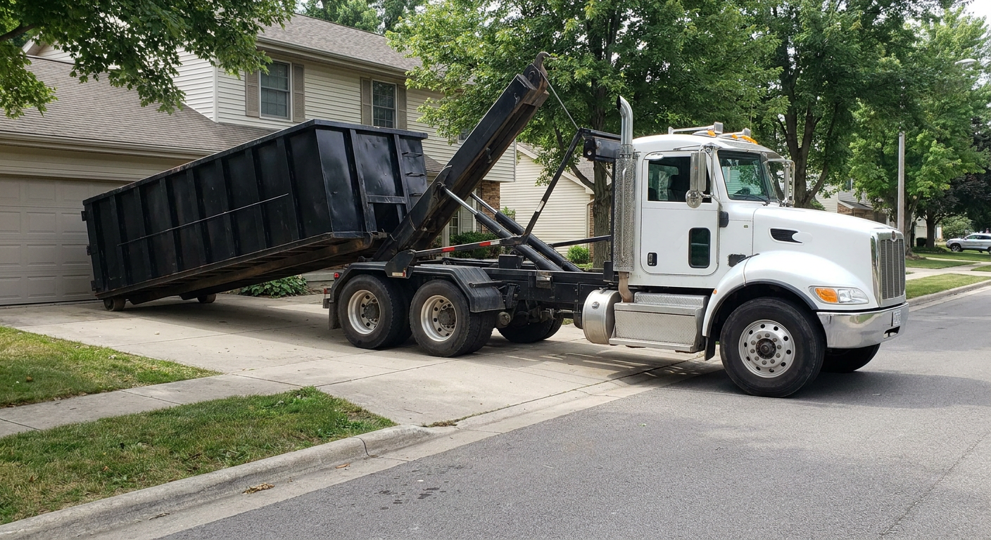 White-cab hooklift roll-off truck actively lowering a matte-black dumpster onto a Palmdale residential concrete driveway, the dumpster's rear wheels touching the driveway as the hoist arm tilts the bed forward, mid-morning daylight.