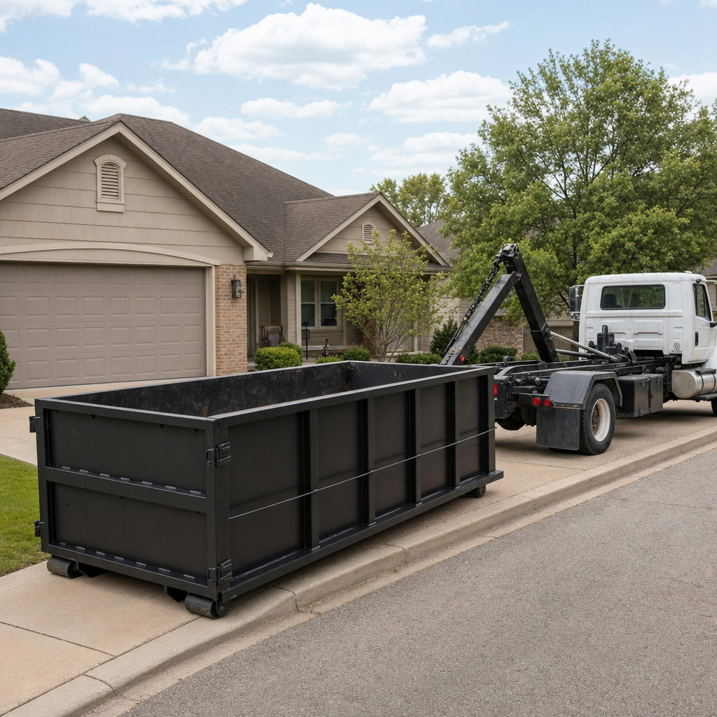 Wide documentary shot of a matte-black roll-off dumpster on a Palmdale residential driveway in the foreground and a contractor jobsite container in the soft-focus background, bright daylight, calm and orderly composition.