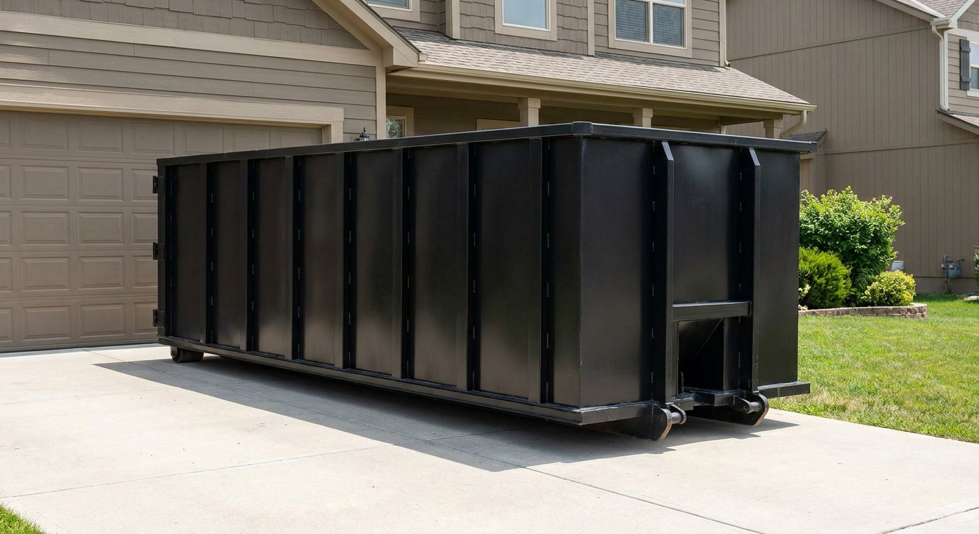 Matte-black residential roll-off dumpster sitting directly on a suburban Palmdale concrete driveway, garage door closed, single-family home in background, bright morning daylight.