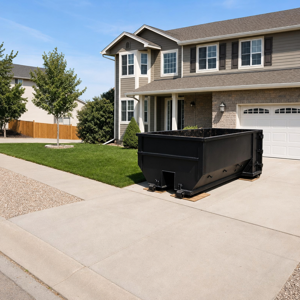 10-yard matte-black residential dumpster placed directly on a narrow Palmdale concrete driveway, room remains for a parked sedan beside it, mid-morning natural light