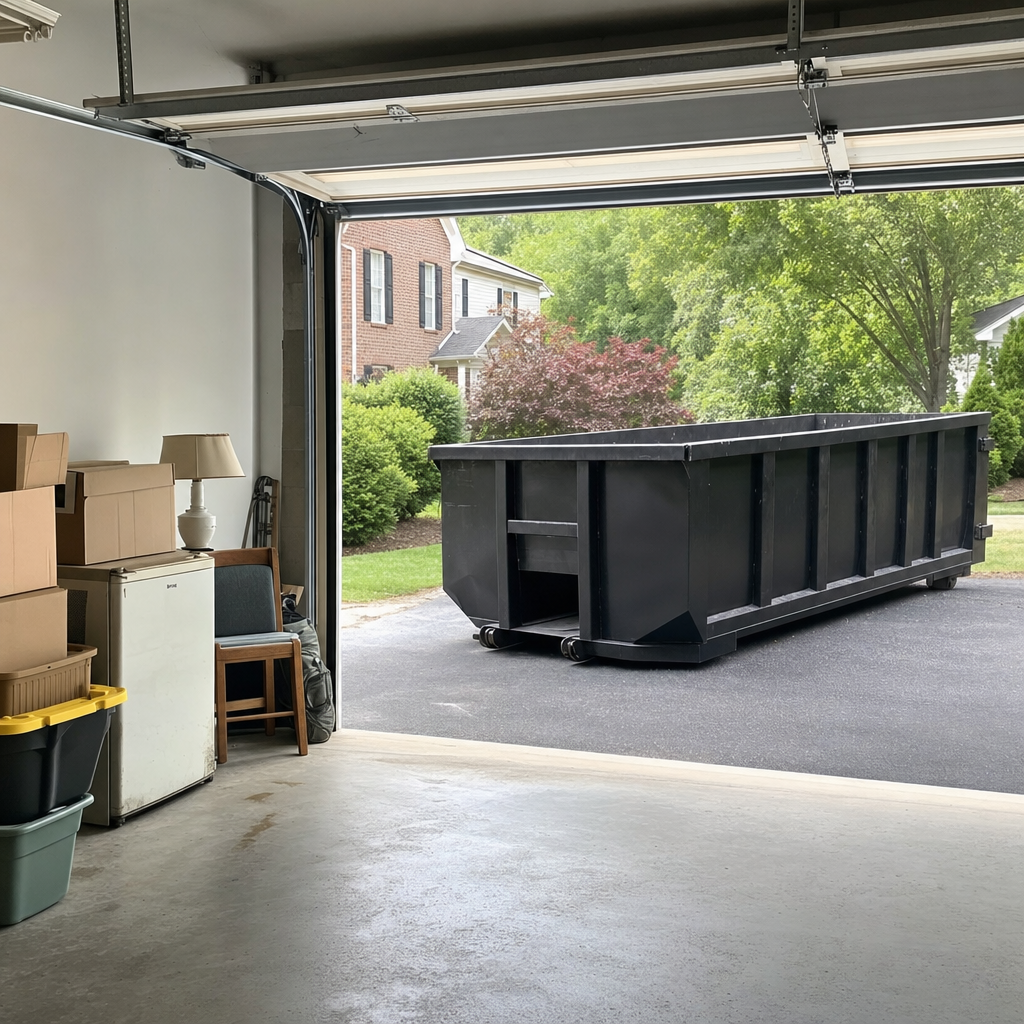 Open garage interior in a Palmdale home mid-cleanout — boxed items, an old appliance, and stacked yard tools queued near the driveway for a matte-black roll-off dumpster, organized and calm