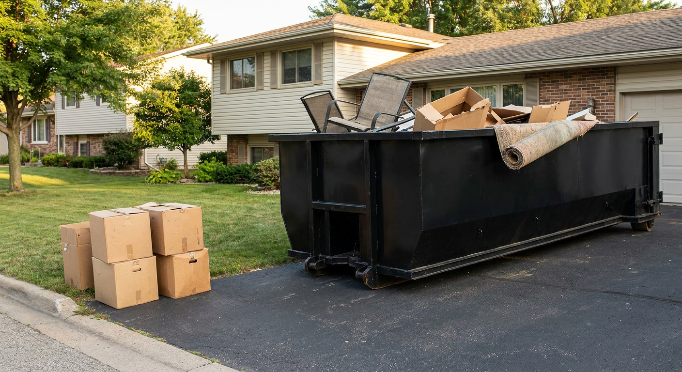 Front-yard view of a Palmdale split-level home with a 20-yard matte-black roll-off dumpster sitting directly on the asphalt driveway, a few clearly labeled donation boxes staged at the curb, calm sunny afternoon.