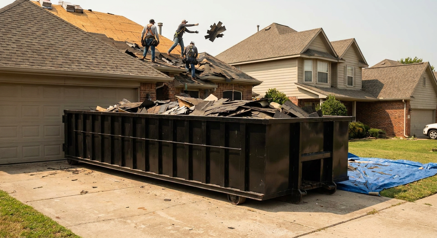 Matte-black roofing roll-off dumpster placed directly on a Palmdale residential concrete driveway, a tear-off crew on a two-story asphalt-shingle roof tossing shingle bundles into the low-walled container, bright daylight, documentary 35mm perspective.