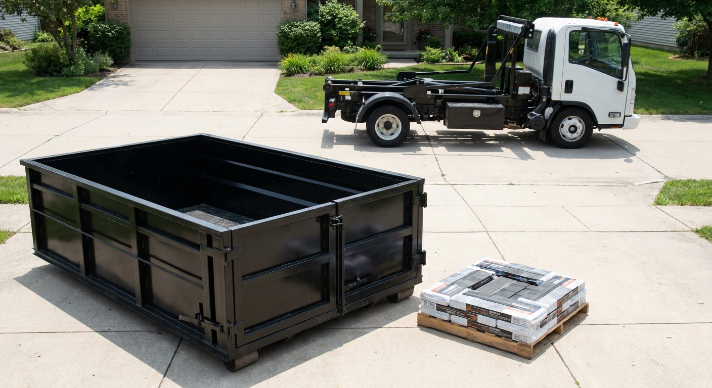 Matte-black 15-yard roofing roll-off dumpster with reinforced low side walls sitting directly on a Palmdale residential concrete driveway, three-tab asphalt shingle bundles stacked nearby, an unmarked white hauler truck partially visible at the edge of the frame.