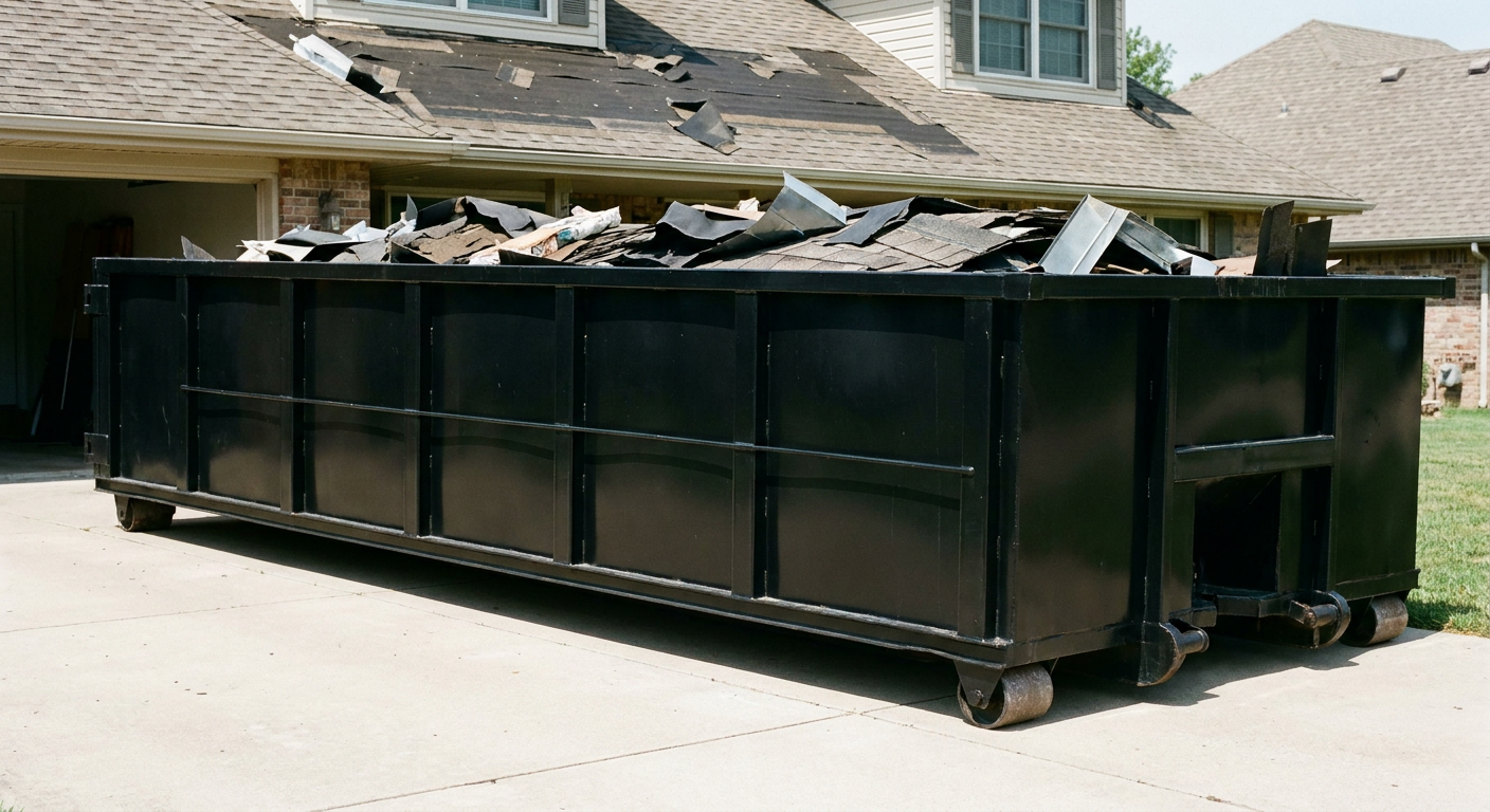 Matte-black 20-yard roofing roll-off dumpster with steel ribbed sides and swinging rear door, sitting directly on the concrete driveway of a two-story Palmdale home, asphalt shingle debris being loaded over the low wall, clean documentary lighting.