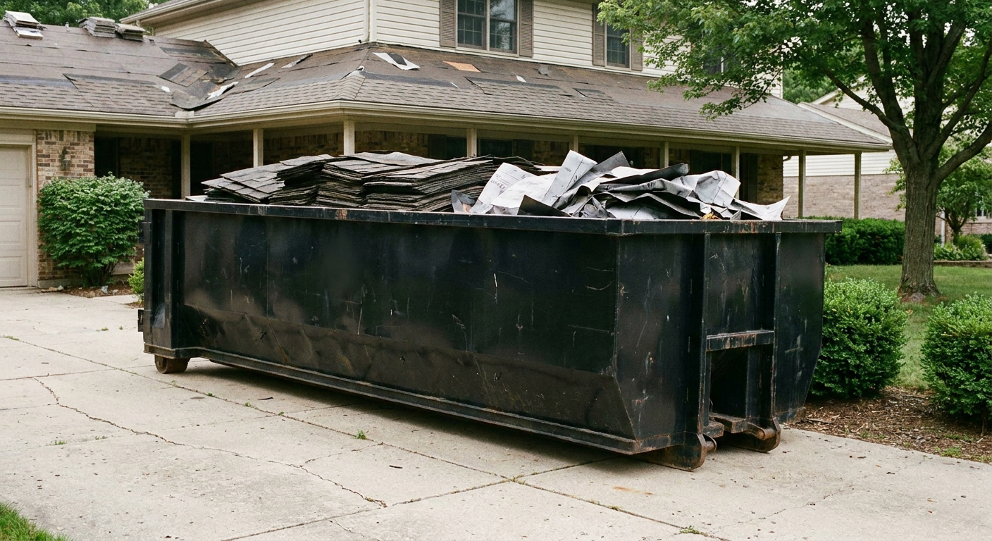 Matte-black 30-yard roofing roll-off dumpster sitting directly on a Palmdale concrete driveway, taller ribbed steel side panels, mixed tear-off debris of asphalt shingles and underlayment inside, professional documentary daylight.