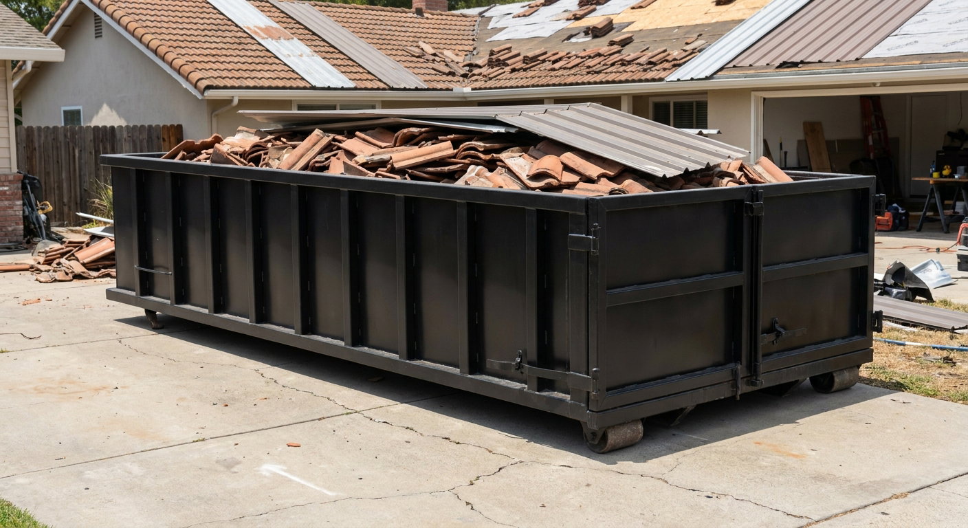 Matte-black low-wall heavy-debris roofing roll-off dumpster sitting directly on a Palmdale concrete driveway, broken concrete clay roof tiles and metal panel sections loaded inside, reinforced ribbed steel side walls visible, bright outdoor daylight.