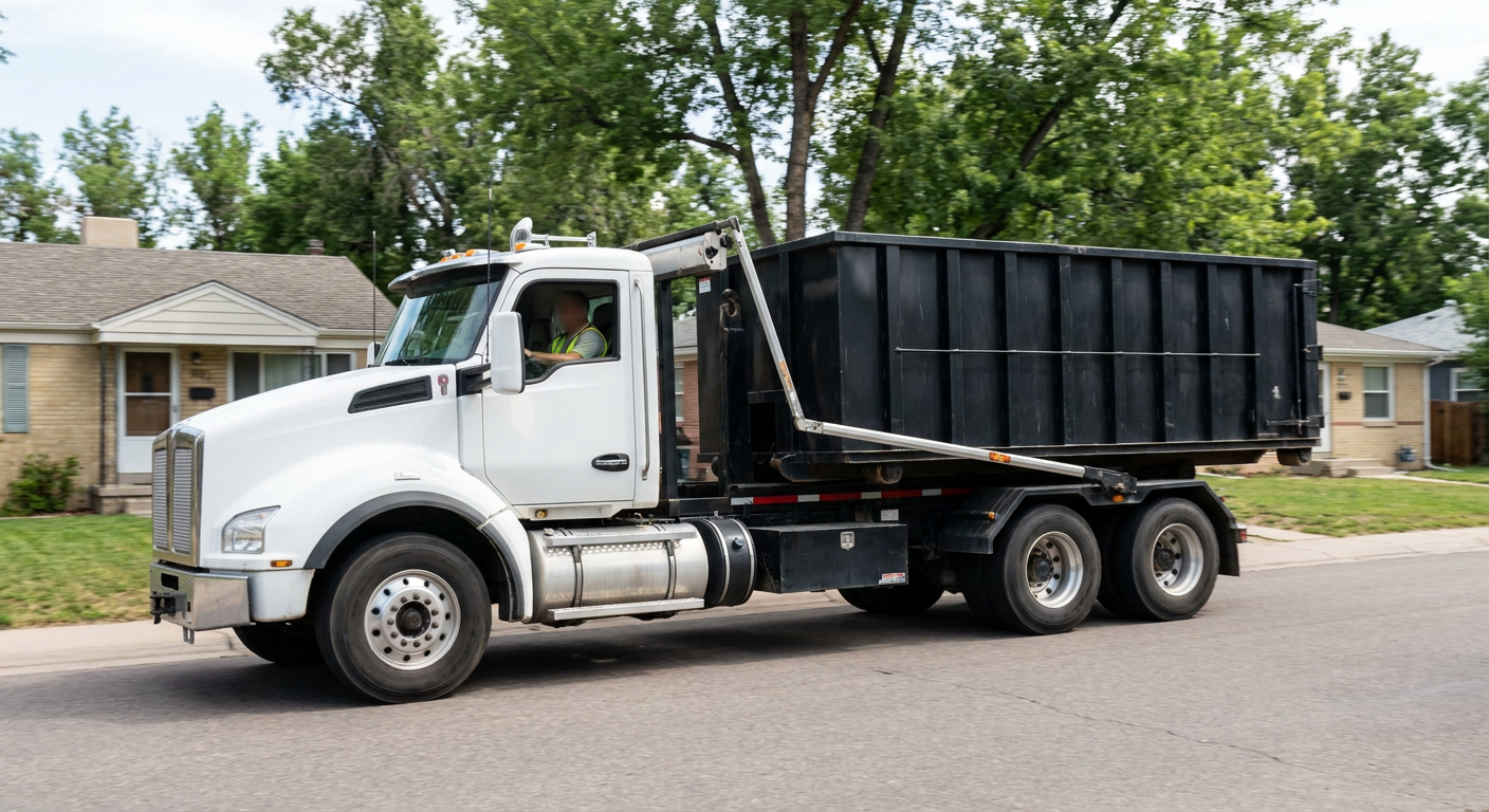 A wide documentary shot of a matte-black roll-off delivery truck pulling onto a quiet Palmdale residential street at mid-morning, with neighborhood rooftops and tree-lined blocks visible behind, showing the metro coverage footprint.