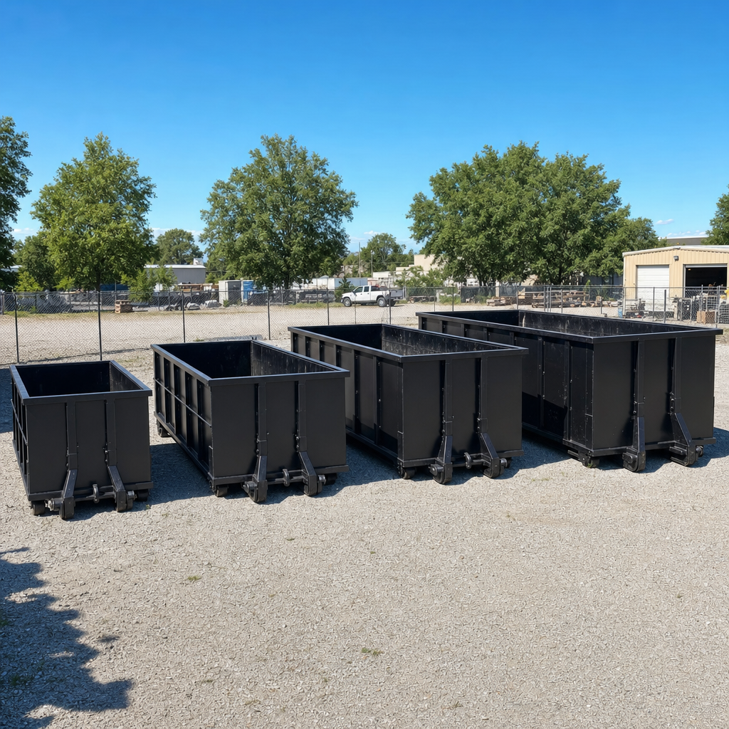 A clean lineup of matte-black roll-off dumpsters in 10, 20, 30, and 40-yard sizes staged on a sunlit gravel yard in Palmdale, showing the size progression from compact to commercial-scale containers.