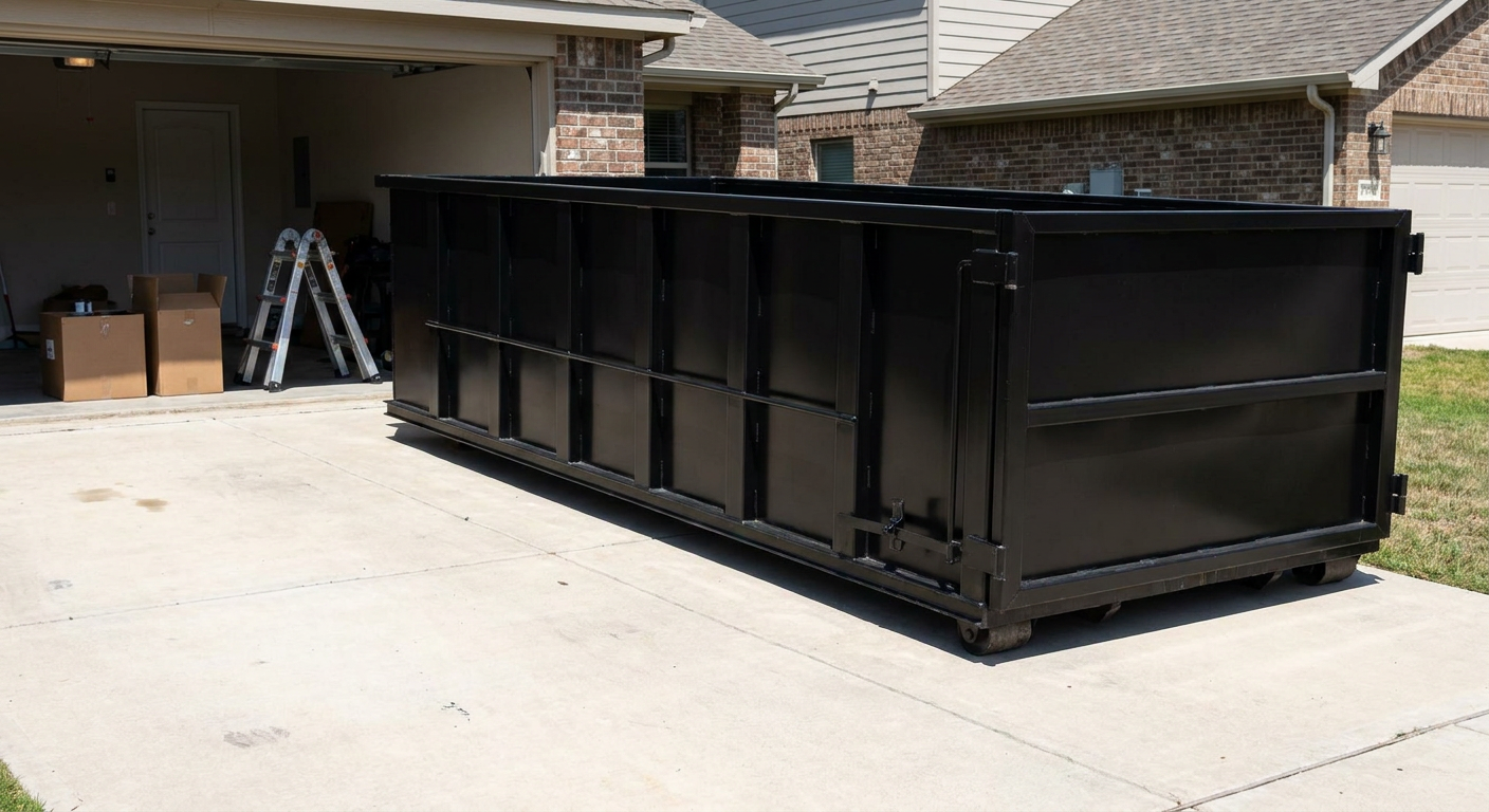 A matte-black 10-yard roll-off dumpster sitting directly on a residential Palmdale concrete driveway, mid-day sunlight, clean and ready for a garage cleanout.