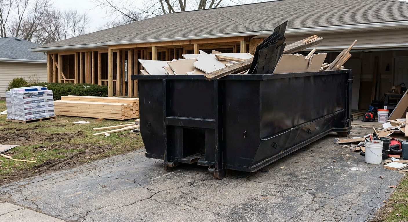 A matte-black 20-yard roll-off dumpster placed alongside a mid-renovation Palmdale home directly on the asphalt driveway, with framing materials and torn-off shingles staged neatly nearby.