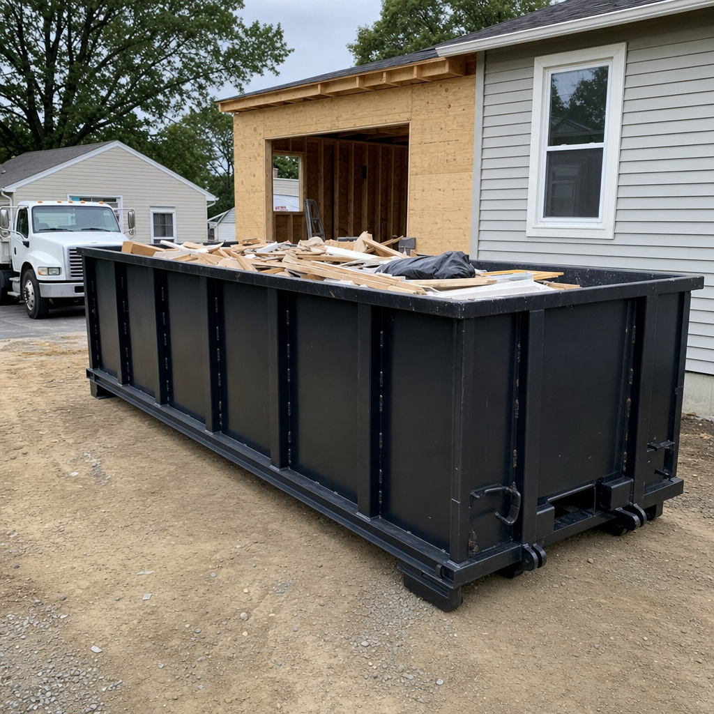 A matte-black 30-yard roll-off dumpster positioned at a Palmdale residential addition jobsite, with framing lumber and drywall scraps loaded through the open swinging rear doors.