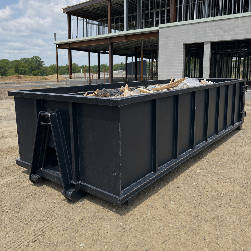 A matte-black 40-yard roll-off dumpster staged on a large Palmdale commercial construction lot, with a hooklift delivery truck parked alongside under bright midday sky.