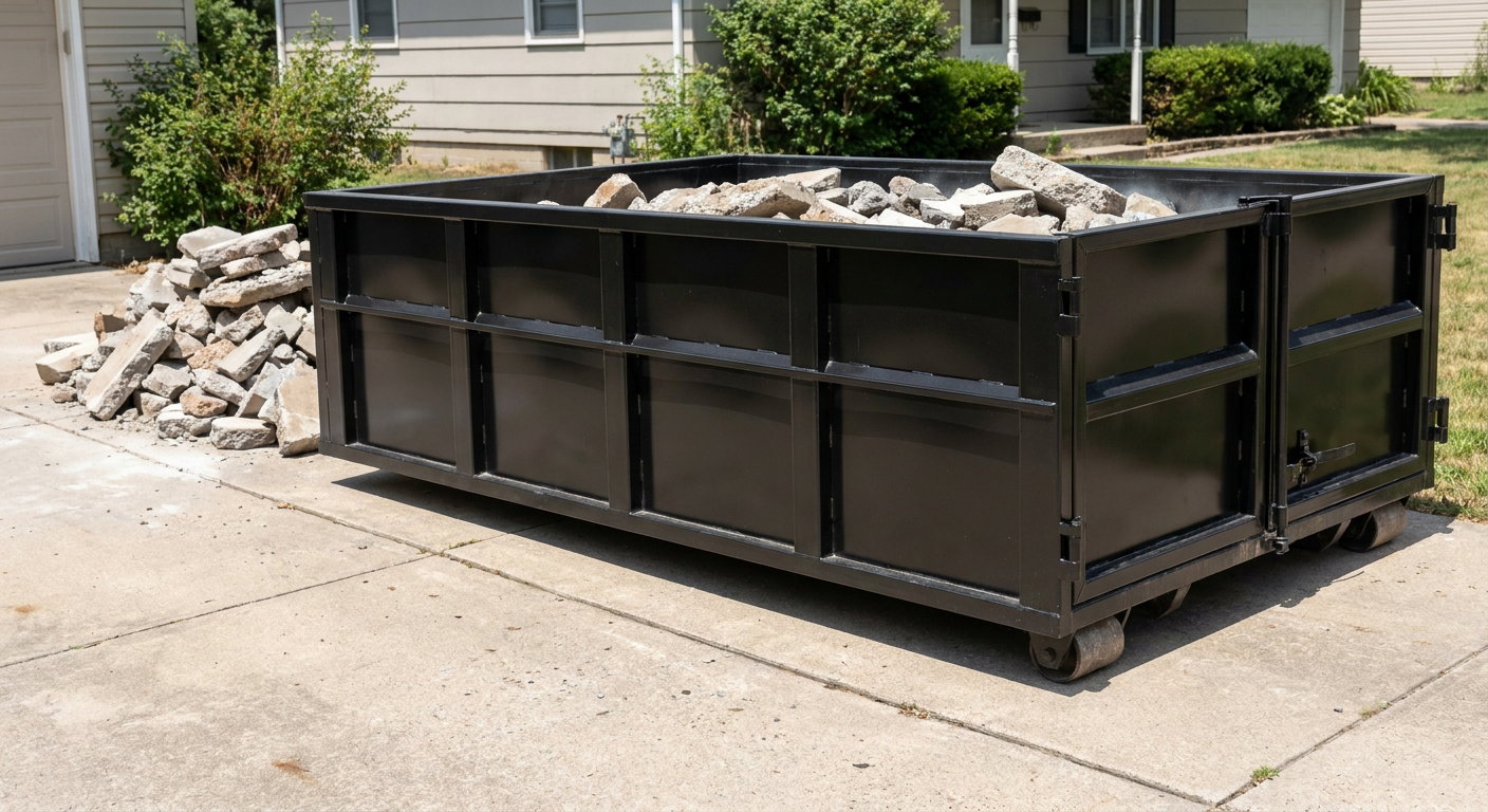 A matte-black low-side heavy-debris roll-off dumpster placed directly on a Palmdale concrete driveway, with broken concrete chunks neatly stacked beside it under clean daylight.